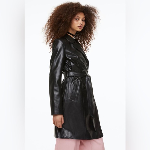H&M Black Leather Double Breasted Belted Trench Coat Womens Size XS - Picture 2 of 10
